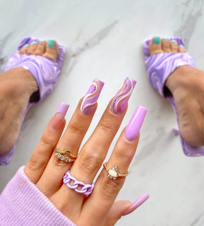 Glitterbels Purple Acrylic Nails with White & Glitter Swirls