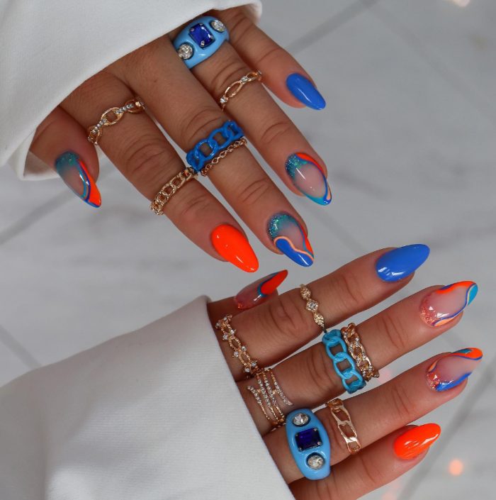 Glitterbels Acrylic Nails Bright Orange and Blue