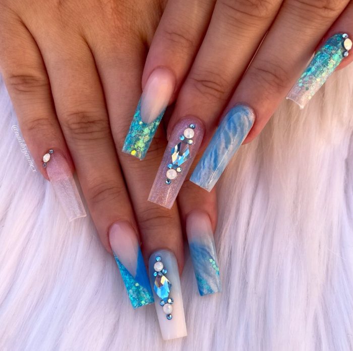 Glitterbels Acrylic Nails with Blue Marble & Glitter Nail Art
