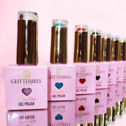 Glitterbels Hema Free Gel Polish line up on a pink background