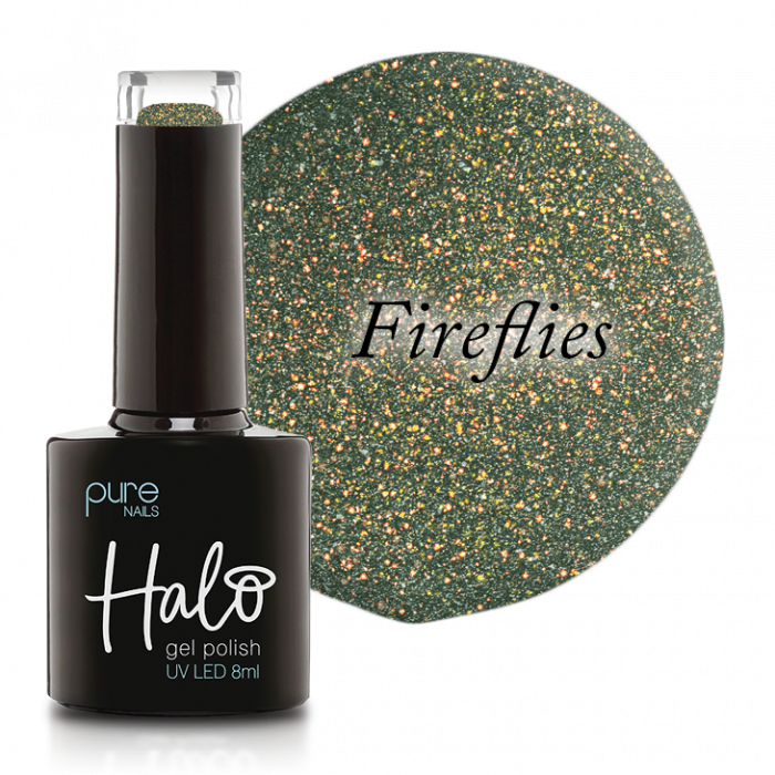 Halo Gel Polish Fireflies bottle and swatch - Halo Euphoric Collection 2023