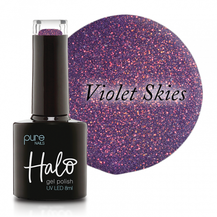 Halo Gel Polish Violet Skies bottle and swatch - Halo Euphoric Collection 2023