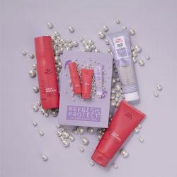 Wella gift set for pearl blonde hair on a lilac background covered in pearls