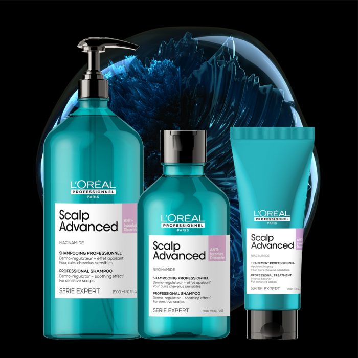 L'Oréal Professionnel Scalp Advanced Anti-Discomfort hair care group image on a black and blue background