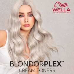Wella BlondorPlex Cream Toners model with platinum blonde hair