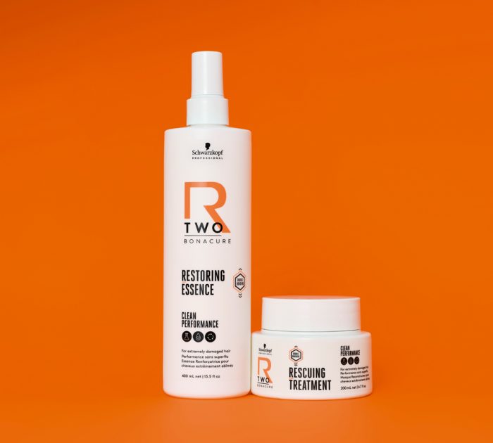 Schwarzkopf R-TWO Restoring Essence and Rescuing Treatment on orange background
