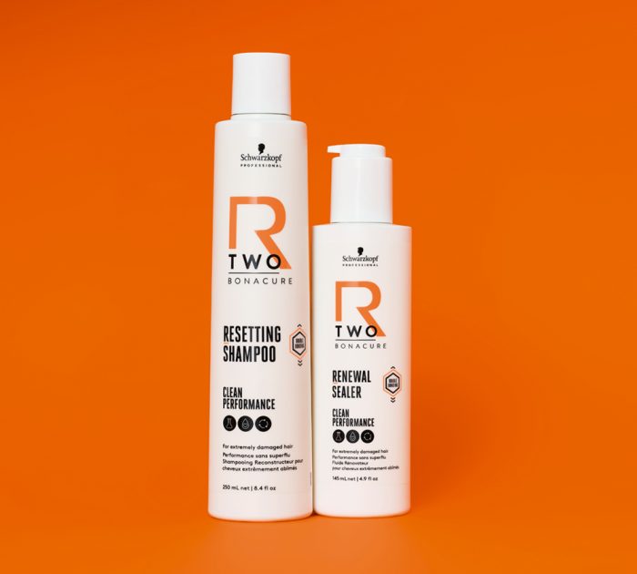 Schwarzkopf R-TWO Resetting Shampoo and Renewal Sealer on orange background