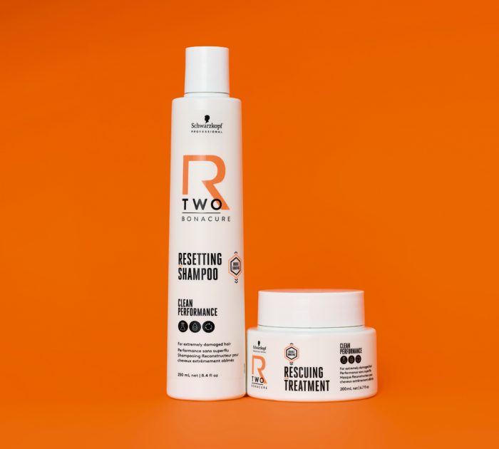 Schwarzkopf R-TWO Resetting Shampoo and Rescuing Treatment on orange background
