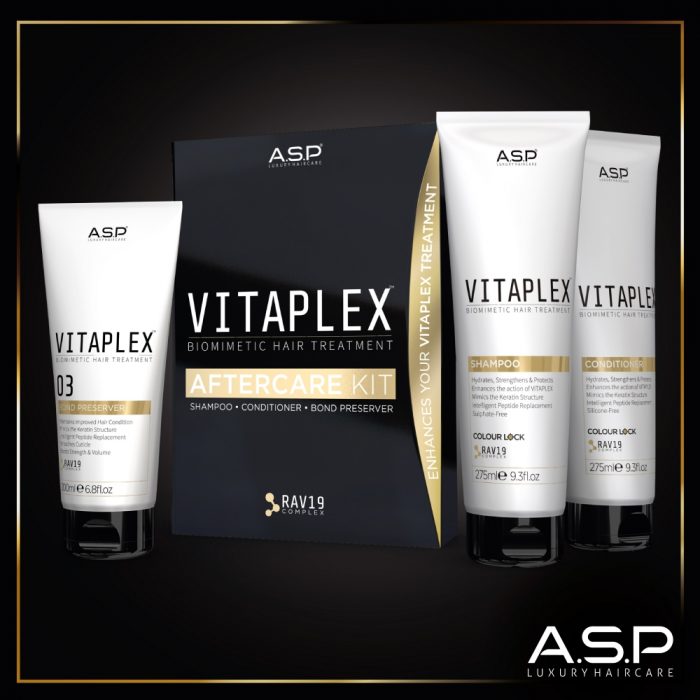 ASP Vitaplex Aftecare Kit with shampoo, conditioner and bond preserver on a black background with gold border