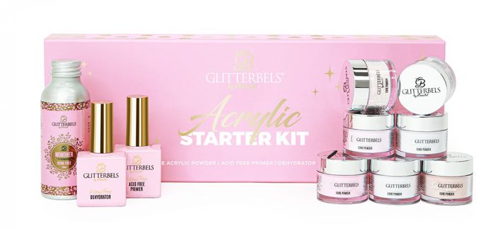 Glitterbels Acrylic Starter Kit with 7 acrylic powder, a hema-free monomer, hema-free dehydrator and acid-free nail primer