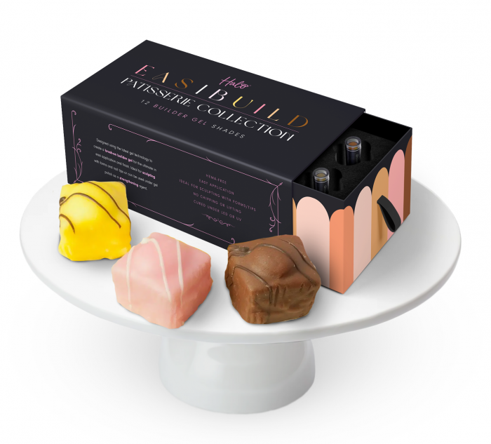 Halo EasiBuild brush on builder gel in a bottle Patisserie Collection box on a cake stand with French Fancy cakes