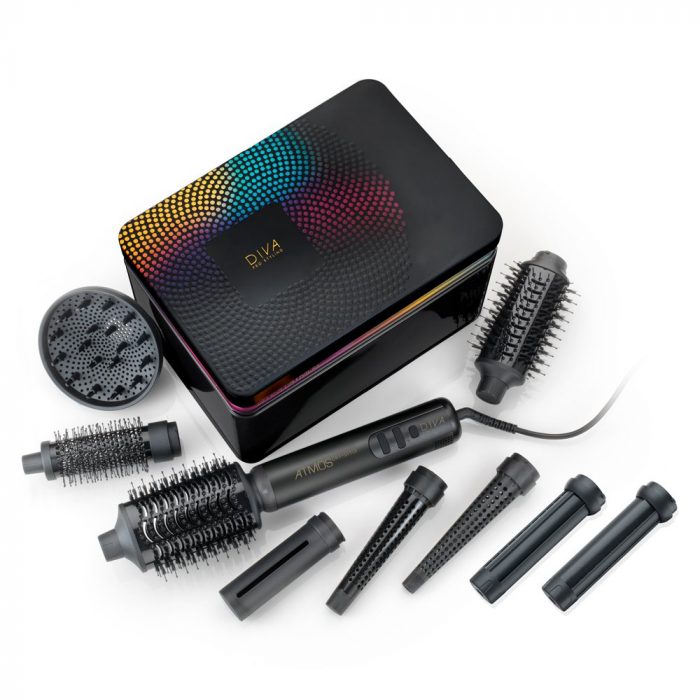 Diva Pro Styling Atmos Dry+Style multi hair styler with storage tin and 9 drying and styling attachments