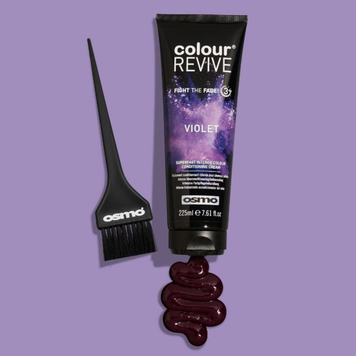 OSMO Colour Revive Violet conditioning hair colour mask on a purple background with OSMO tint brush