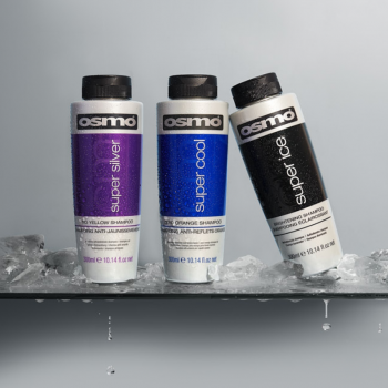 OSMO Super Silver, Super Cool and Super Ice shampoos on an ice sheet shelf