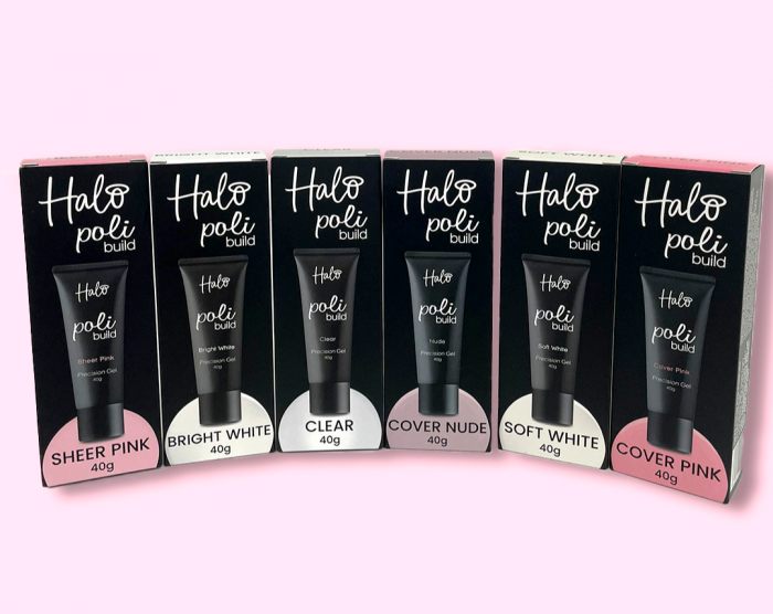 Group image of Halo PoliBuild products on a pink background