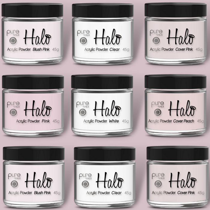 Group image of Halo Acrylic powders on a pink background