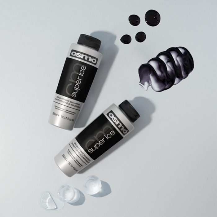 Super Ice Brightening Shampoo 300ml flatlay with product texture and ice cubes