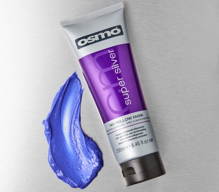 OSMO Super Silver No Yellow Mask 250ml with product texture on a brushed silver background