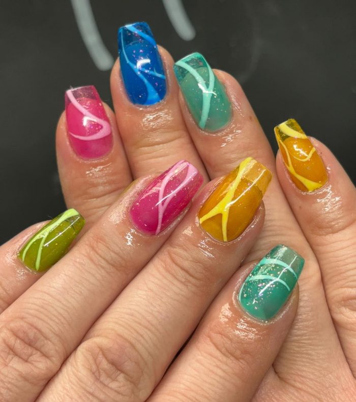 image of the different stained glass colours on nails