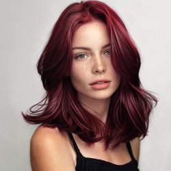 ASP Gloss Shotz and Glaze Shotz model with glossy, dark red hair.