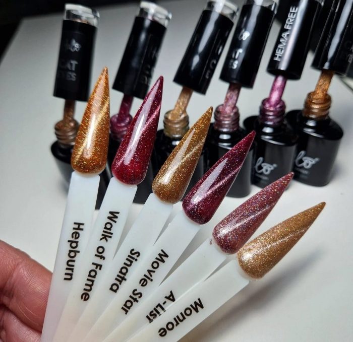 Halo gel polish Ho-Ho Hollywood collection bottles and nail swatches