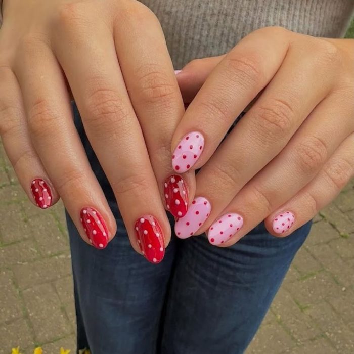 pink and red polka dot nails