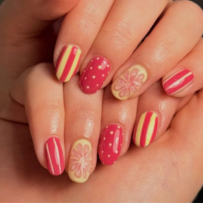pink and yellow nail designs including stripes, polka dots and flower