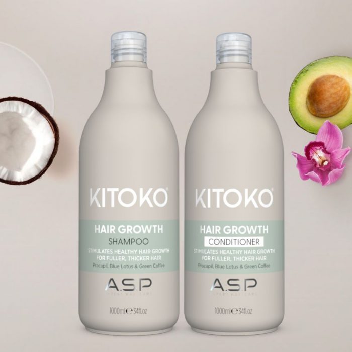 showing kitoko hair growth shampoo and conditioner in 1 litre bottles