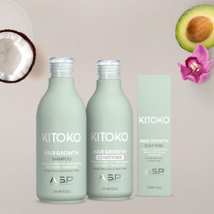 showing kitoko hair growth shampoo and conditioner in 250ml litre bottles with the scalp tonic