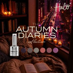Halo Super Rich Autumn Diaries Collection gel polish bottle with six shade swatches, cosy reading nook overlooking a city street at night
